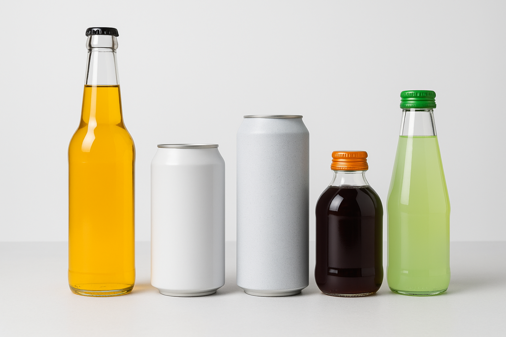Ilustração de embalagens de bebidas sustentáveis e luxuosas destacando tendências futuras de consumo.